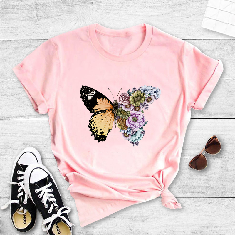 Round Neck Stitching Flower Butterfly Print Short-sleeved T-shirt display picture 5