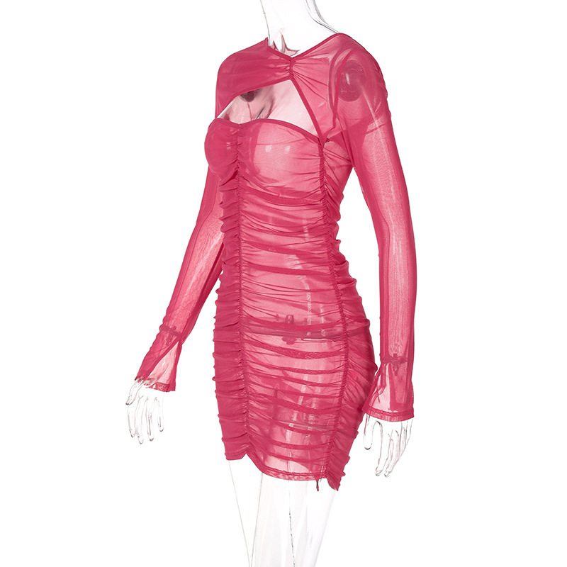 Autumn And Winter New Fashion Solid Color Stitching Mesh Sexy Hip Dress display picture 9