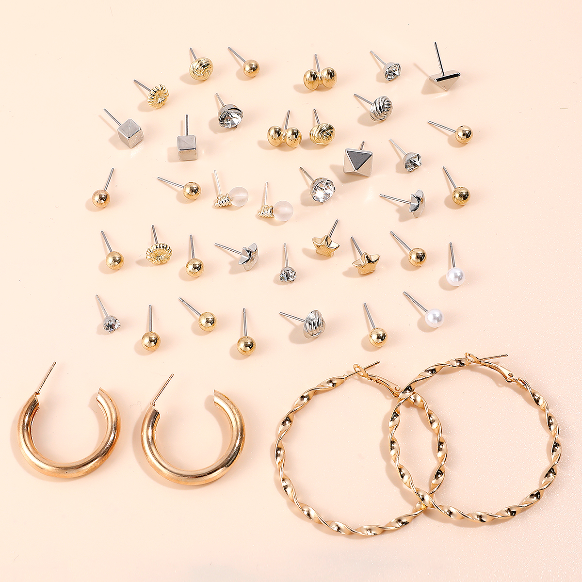 21 Pairs Of Gold And Silver Diamond Hoop Stud Earrings Set display picture 2