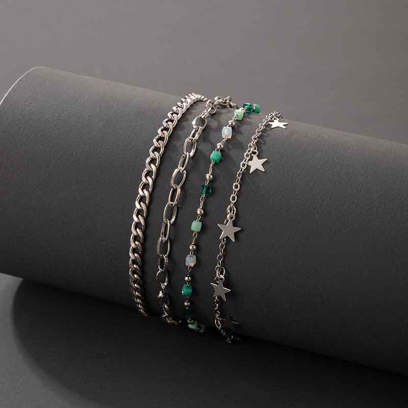 Retro Ethnic Five-pointed Star Anklet Green Small Stone Thick Chain Four-piece Multi-layer Anklet display picture 2
