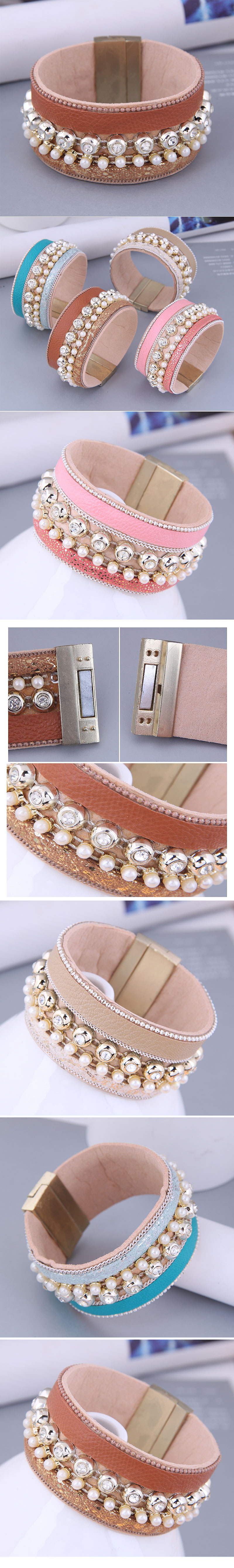 Fashion Versatile Rhinestone Pearl Leather Temperament Wide Magnetic Buckle Bracelet display picture 1