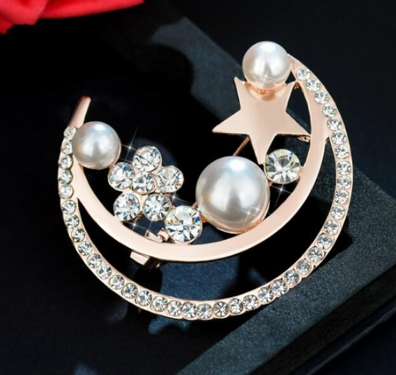 Moon Star Rhinestone Imitation Pearl Brooch Sweater Autumn And Winter Corsage Pin Accessories display picture 3