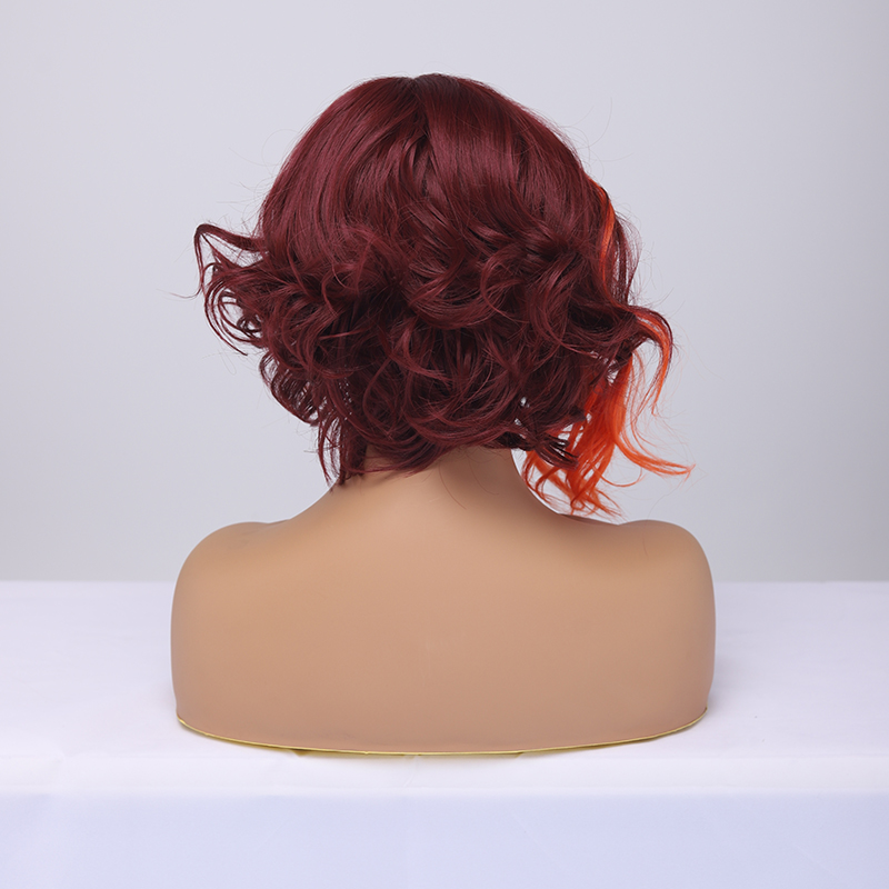 2021 Chemical Fiber Wig Burgundy Stitching Color Short Curly Hair Fashion Wigs Headgear Wig display picture 4