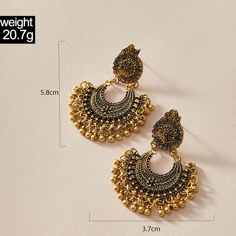 New Boho Style Carved Flowers Semicircle Long Bells Tassel Earrings display picture 1