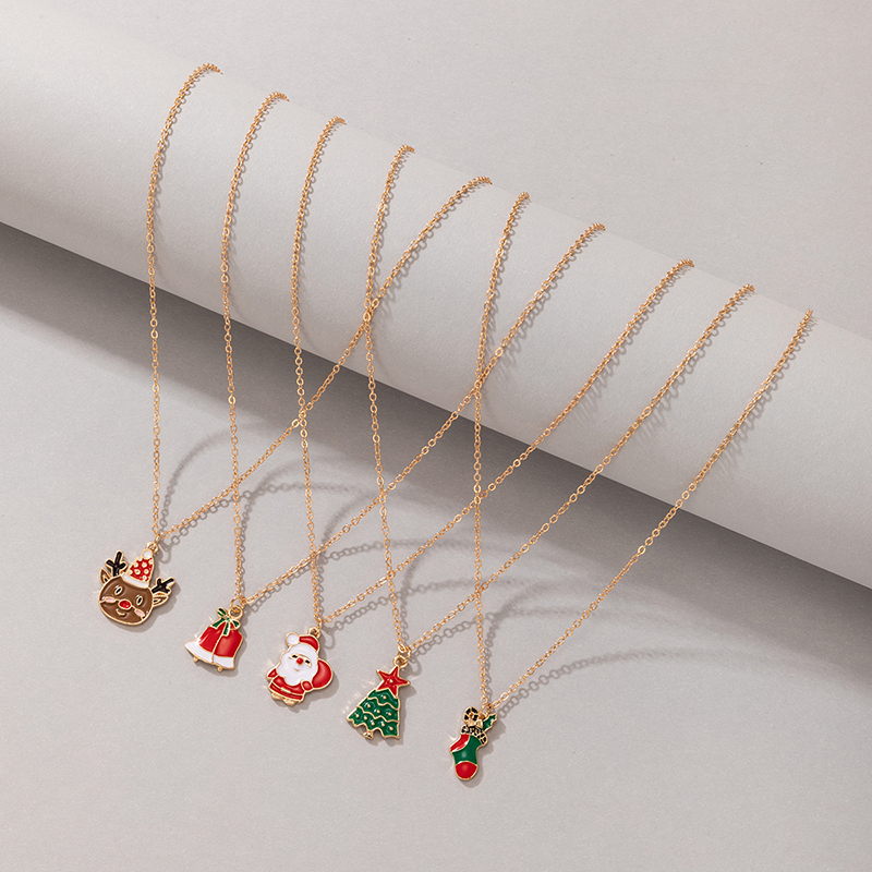 Weihnachtsschmuck Weihnachtsmann Elch Tropfendes Öl Halskettenset Bell Socks Halskette Fünfteiliges Set display picture 3