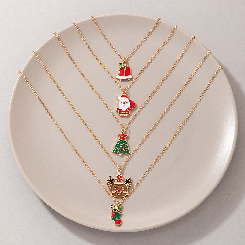 Holiday Ornaments Santa Claus Elk Dripping Oil Necklace Set Bell Socks Necklace Five-piece Set display picture 5