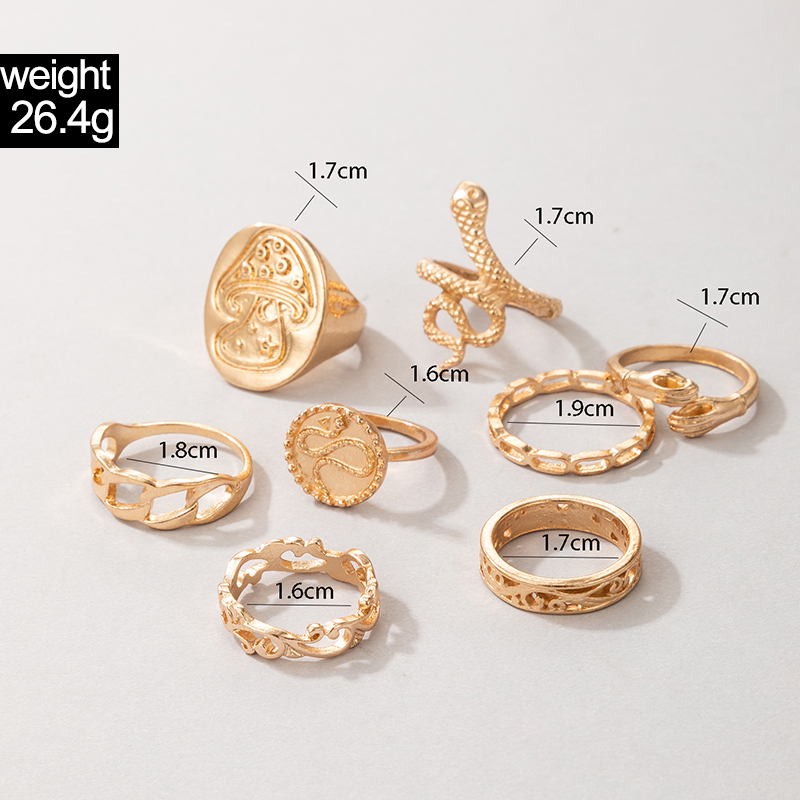 Exaggerated Jewelry Golden Mushroom Ring Eight-piece Snake-shaped Irregular Ring Set display picture 1