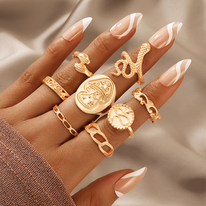 Exaggerated Jewelry Golden Mushroom Ring Eight-piece Snake-shaped Irregular Ring Set display picture 2
