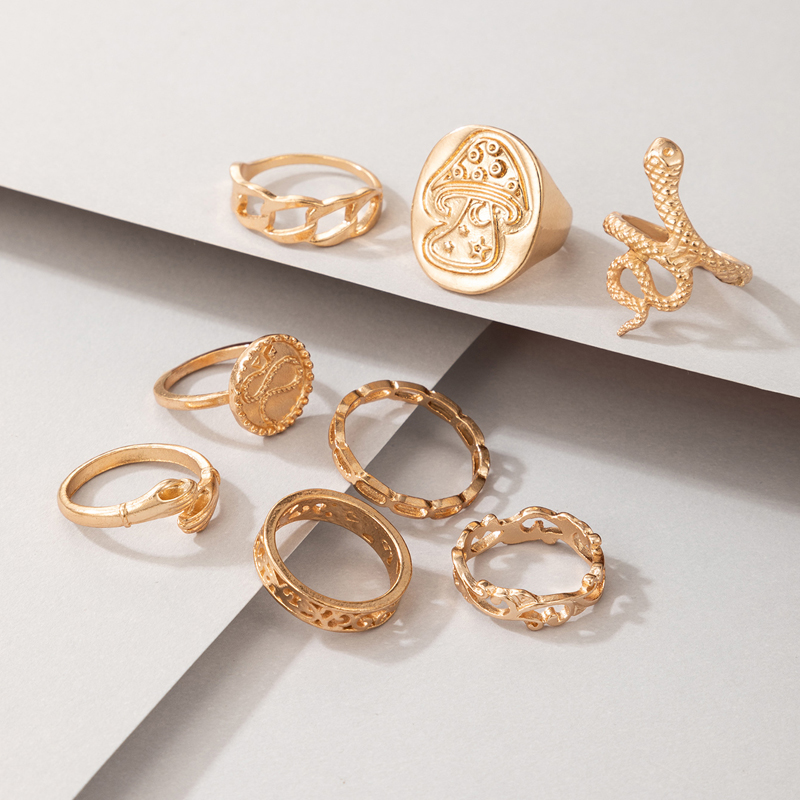 Exaggerated Jewelry Golden Mushroom Ring Eight-piece Snake-shaped Irregular Ring Set display picture 3