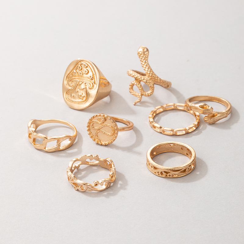 Exaggerated Jewelry Golden Mushroom Ring Eight-piece Snake-shaped Irregular Ring Set display picture 4