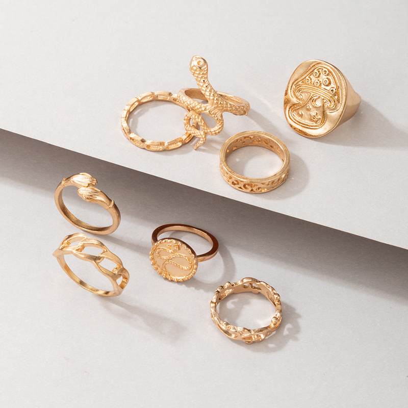 Exaggerated Jewelry Golden Mushroom Ring Eight-piece Snake-shaped Irregular Ring Set display picture 5