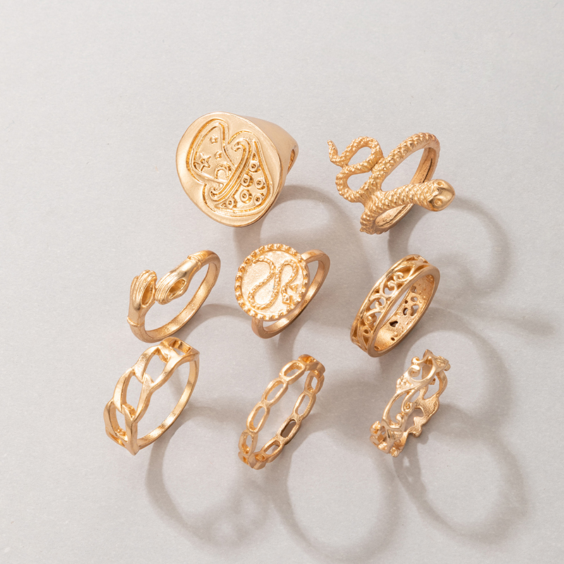 Exaggerated Jewelry Golden Mushroom Ring Eight-piece Snake-shaped Irregular Ring Set display picture 6