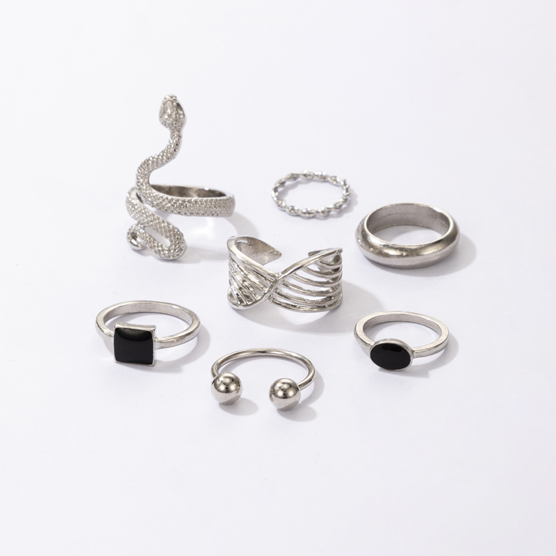 New Jewelry Simple Snake-shaped Retro Ethnic Style Black Drip Oil Zodiac Twist Ring Seven-piece Set display picture 8