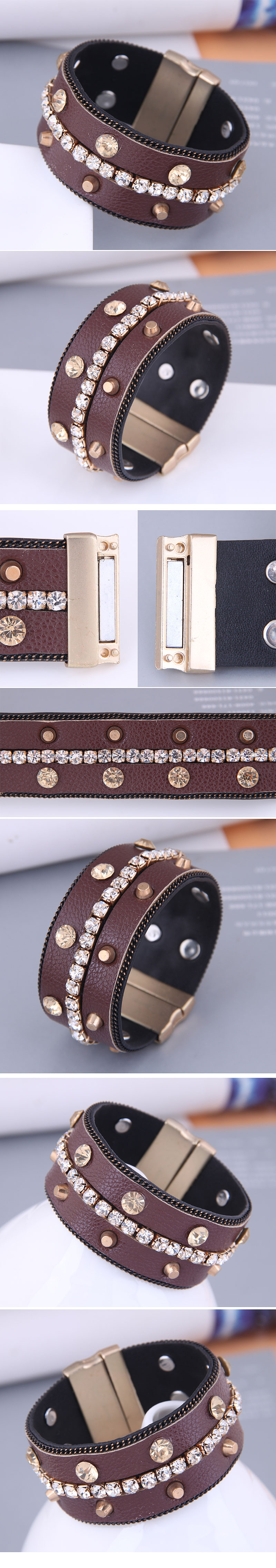 European And American Fashion Flashing Diamond Leather Magnetic Buckle Bracelet display picture 1