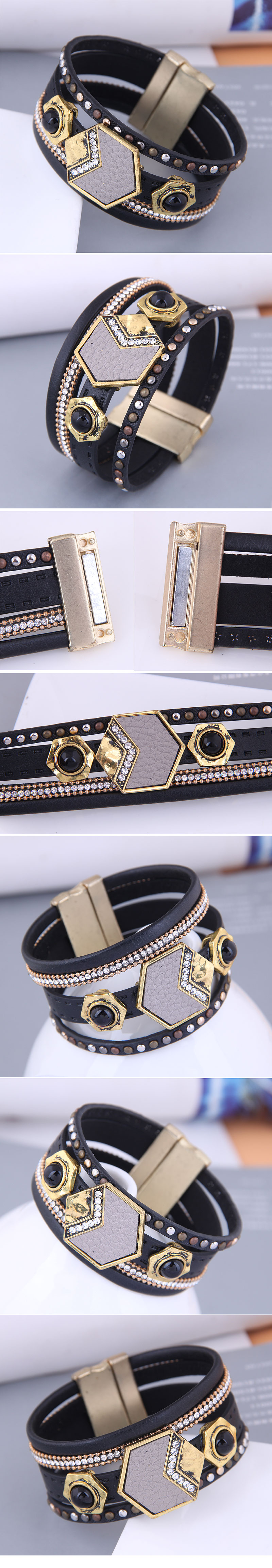 European And American Fashion Leather Multi-layer Magnetic Buckle Bracelet Wholesale display picture 1