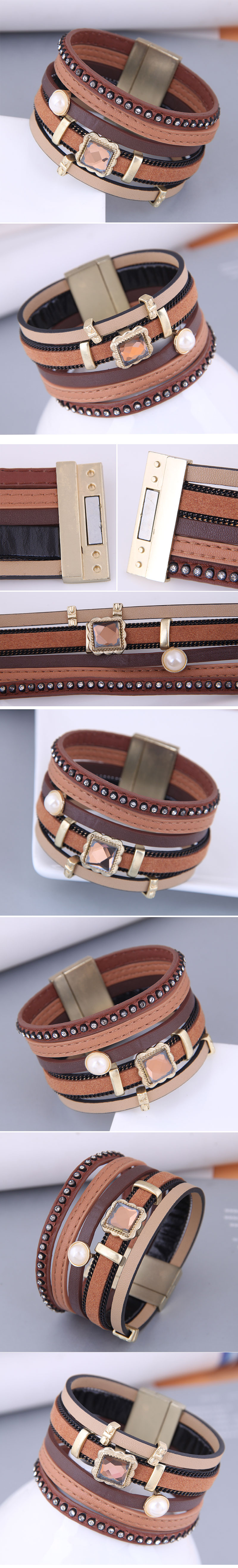 Fashion Concise Accessories Leather Multi-layer Wide Magnetic Buckle Bracelet display picture 1