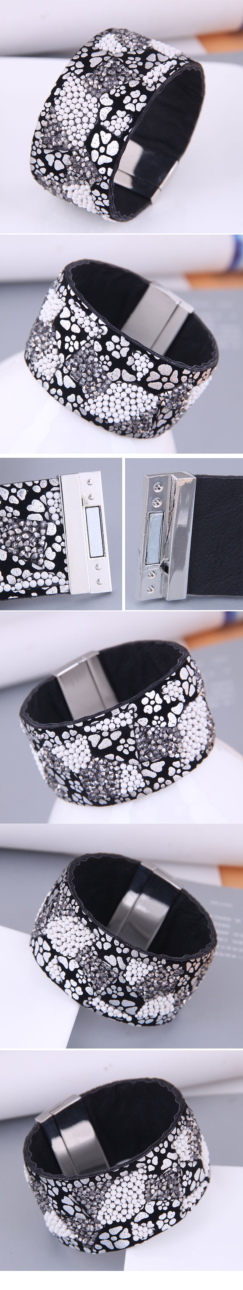 Retro Fashion Concise Flashing Diamond Leather Wide Magnetic Buckle Bracelet display picture 1