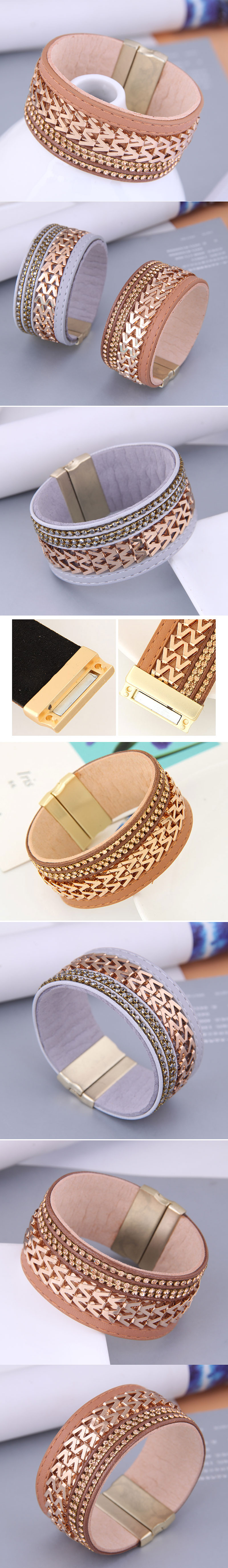 European And American Fashion Metal Flashing Diamonds Leather Wide Magnetic Bracelet display picture 1