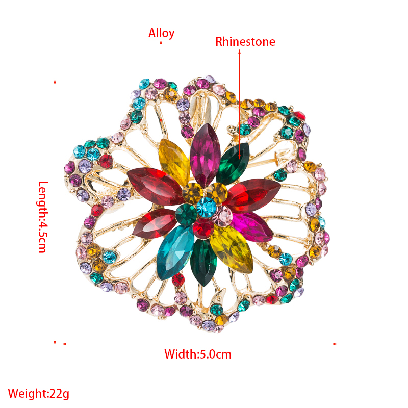 European And American Creative Fashion Color Rhinestone Alloy Hollow Flower Brooch display picture 1