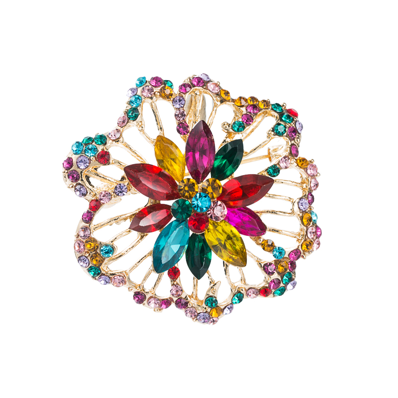 European And American Creative Fashion Color Rhinestone Alloy Hollow Flower Brooch display picture 6