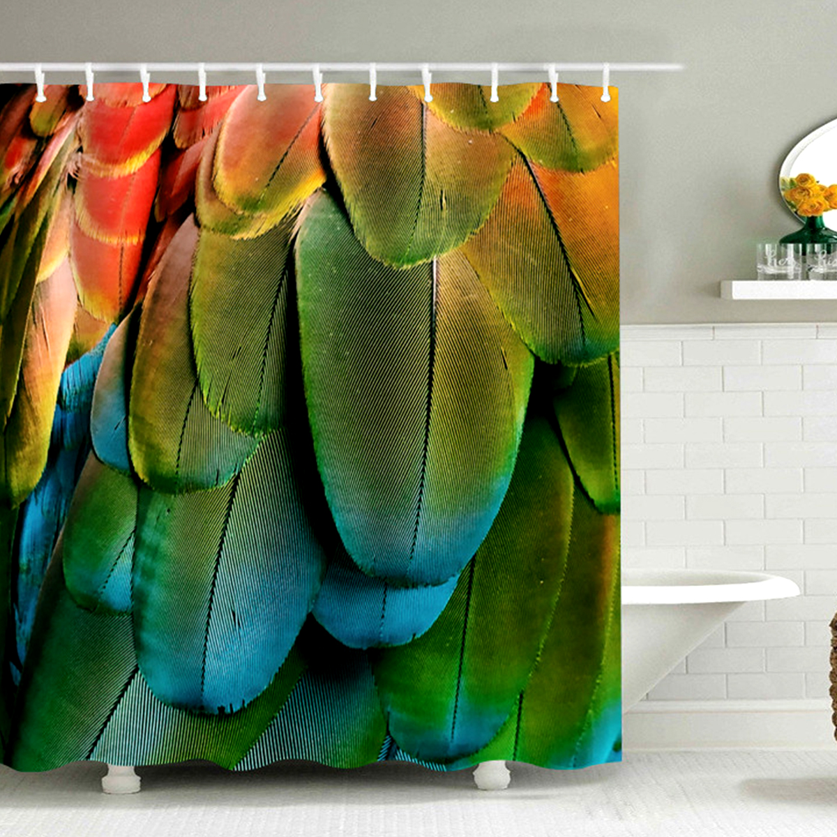Printed Thickened Polyester Waterproof And Mildew Proof Green Feather Shower Curtain display picture 4