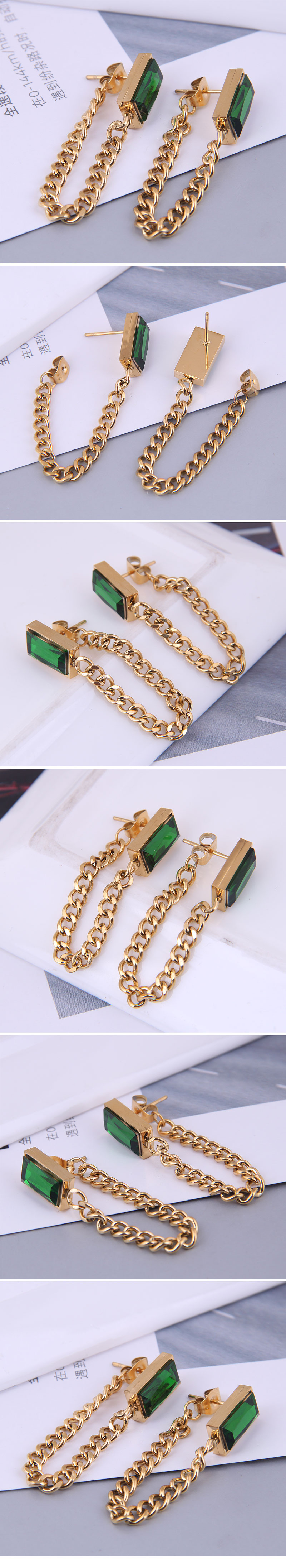 Korean Fashion Green Gem Personality Titanium Steel Earrings Wholesale display picture 1