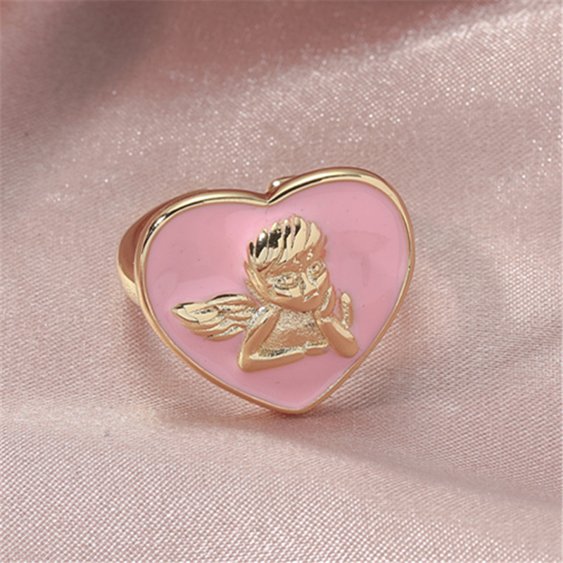 Gota De Aceite Rosa En Forma De Corazón Que Abre Un Anillo De Cobre Con Angelito Ajustable display picture 2