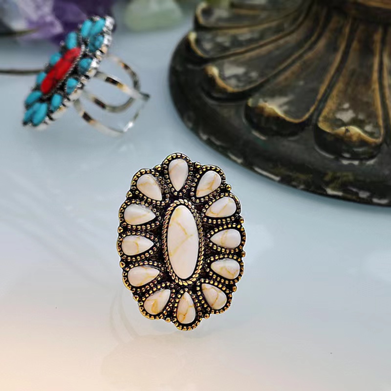 Wholesale Jewelry Exaggerated Ethnic Style Flower Alloy Turquoise Open Rings display picture 1