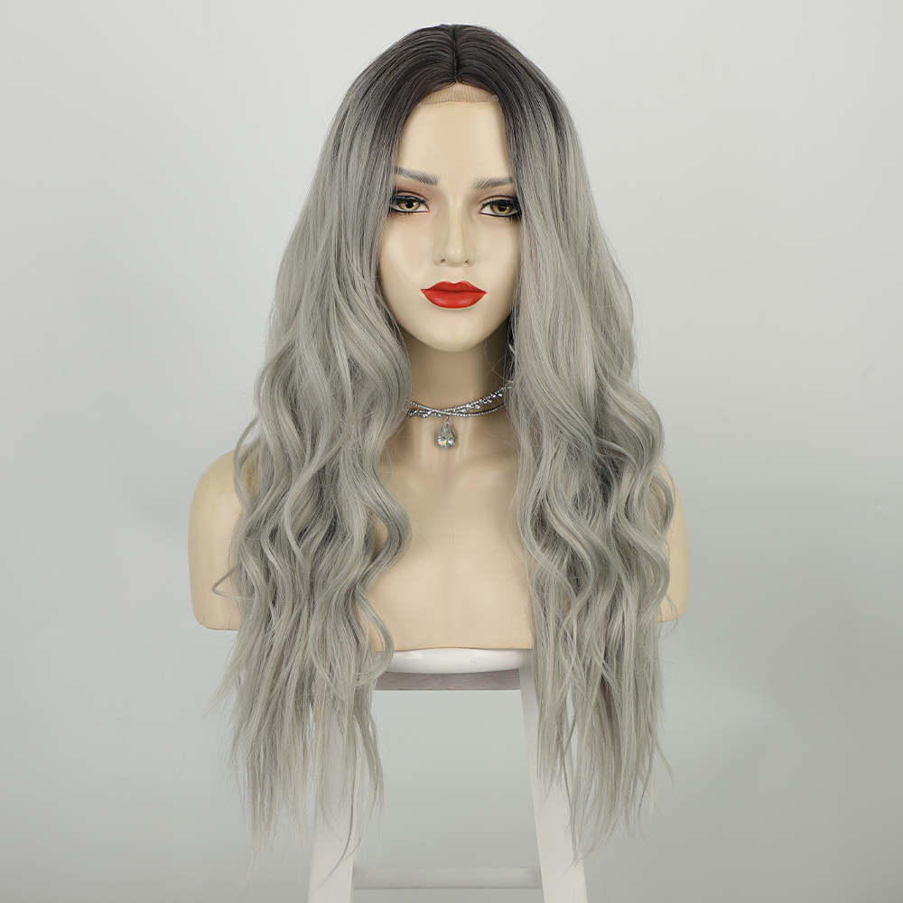 European And American Long Curly Lace Front Gradient Gray Mid-point Lace Wigs display picture 2