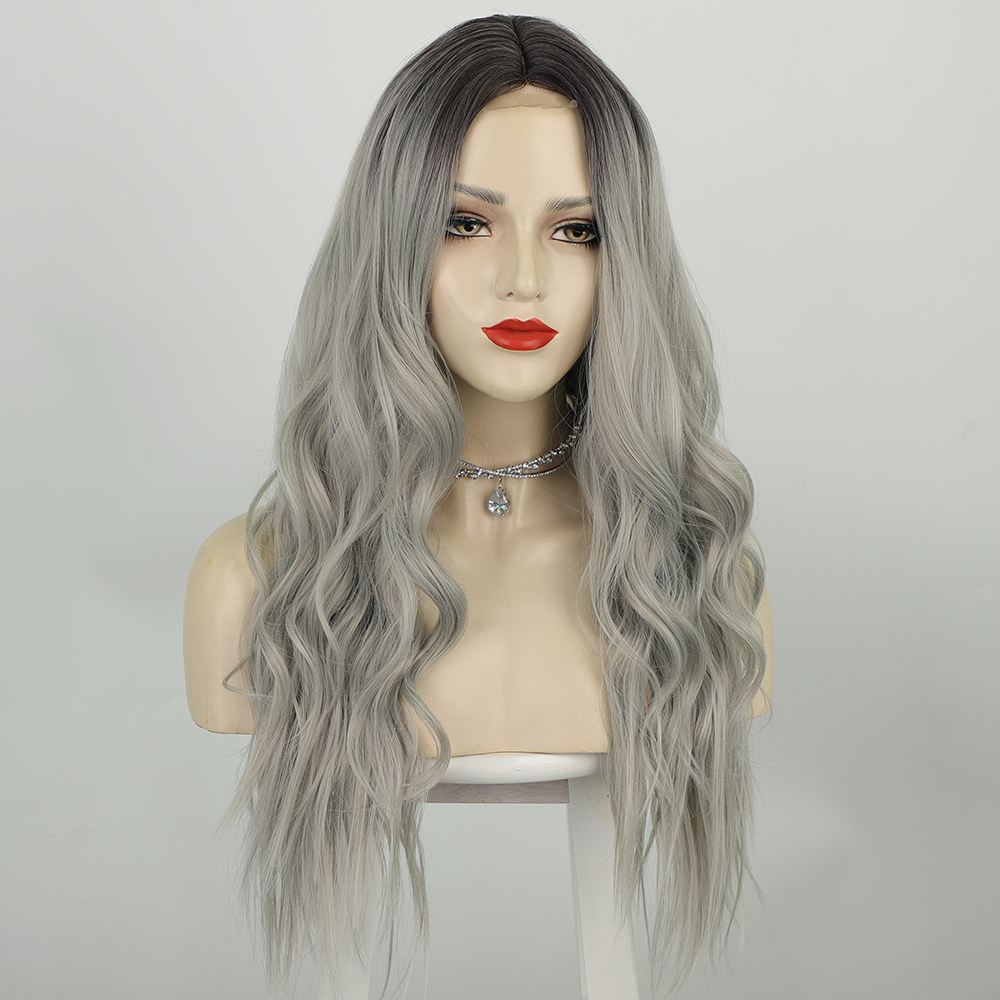 European And American Long Curly Lace Front Gradient Gray Mid-point Lace Wigs display picture 4