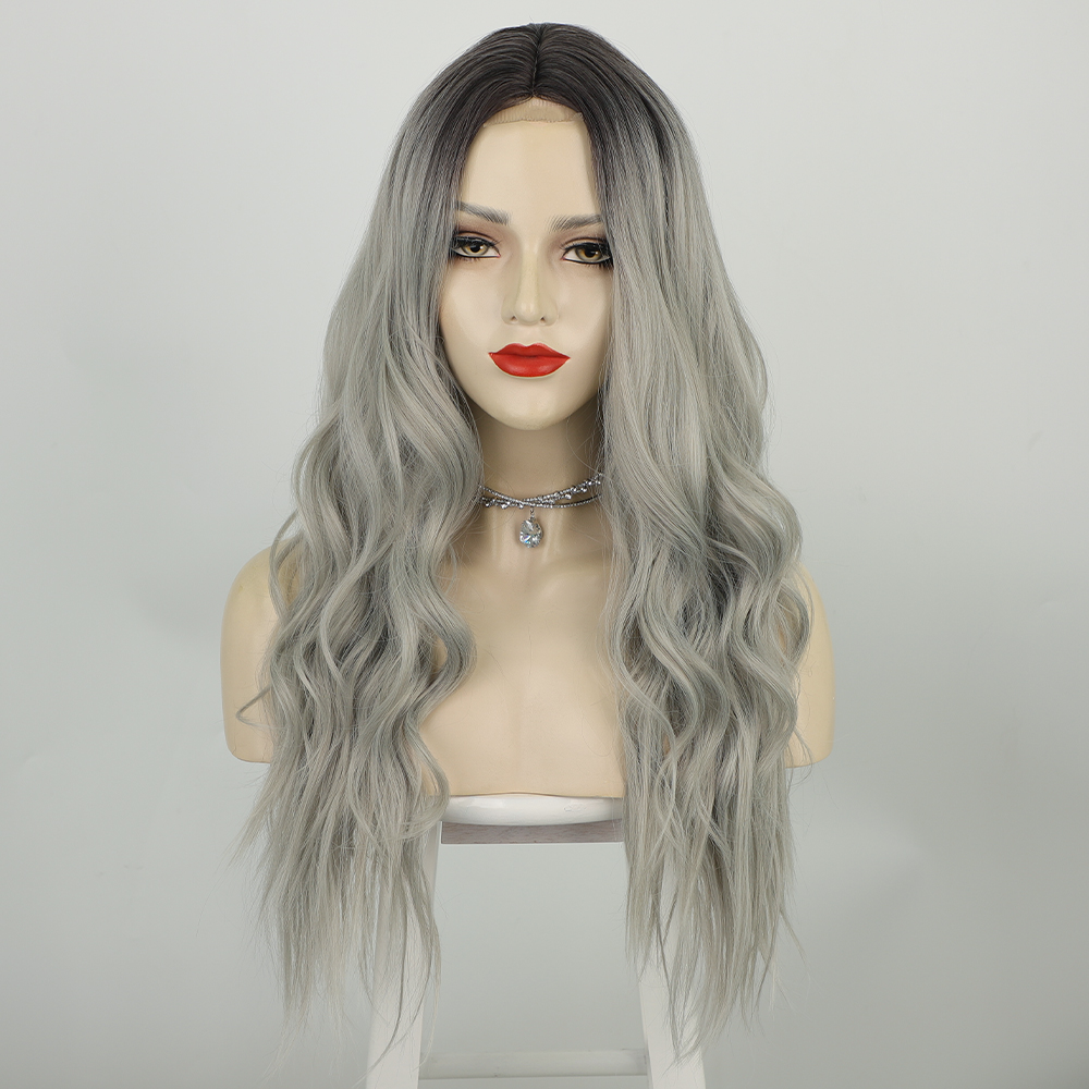 European And American Long Curly Lace Front Gradient Gray Mid-point Lace Wigs display picture 5