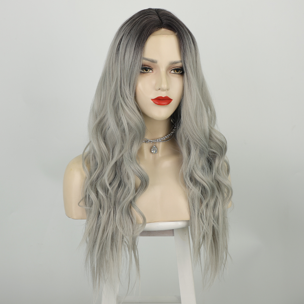 European And American Long Curly Lace Front Gradient Gray Mid-point Lace Wigs display picture 6