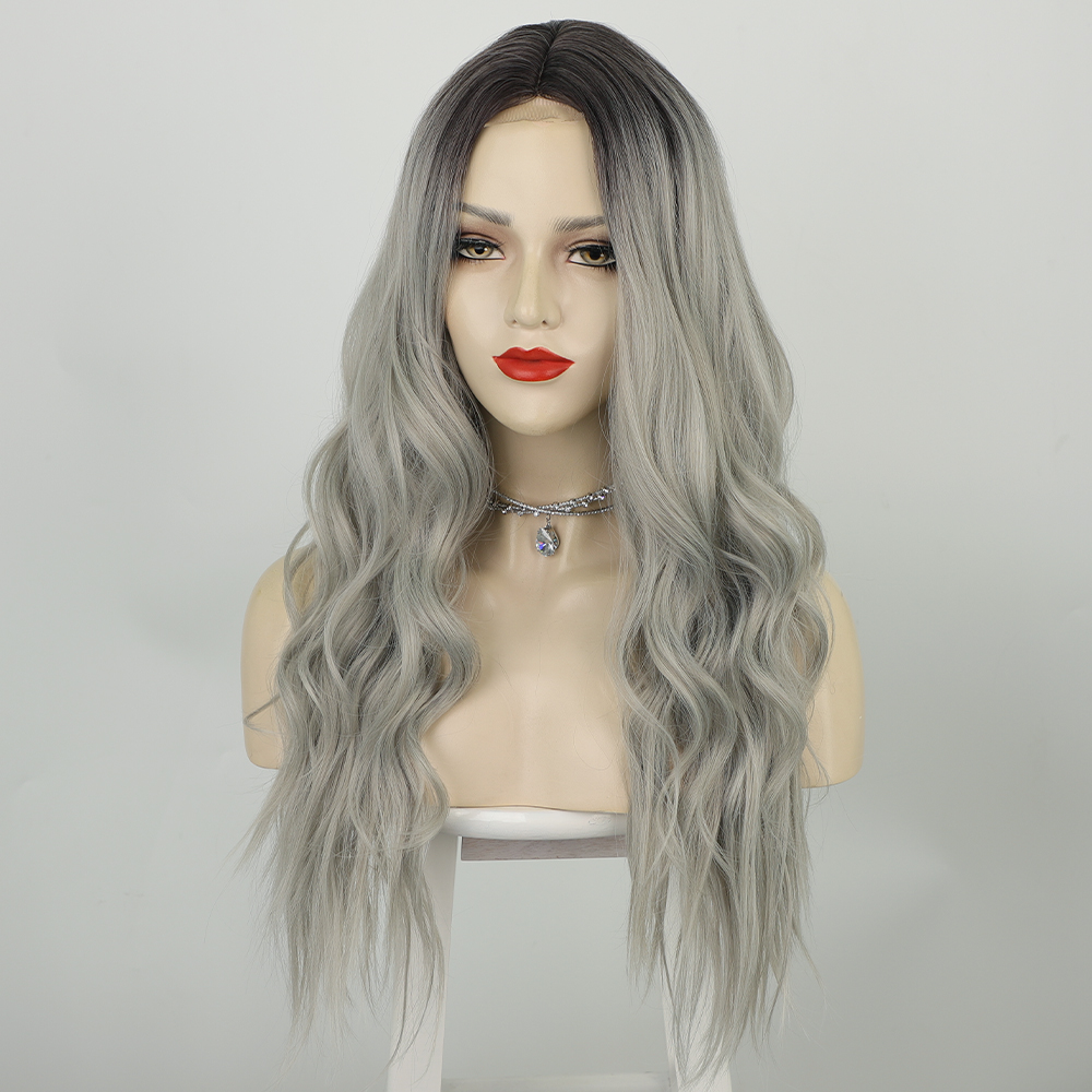 European And American Long Curly Lace Front Gradient Gray Mid-point Lace Wigs display picture 7
