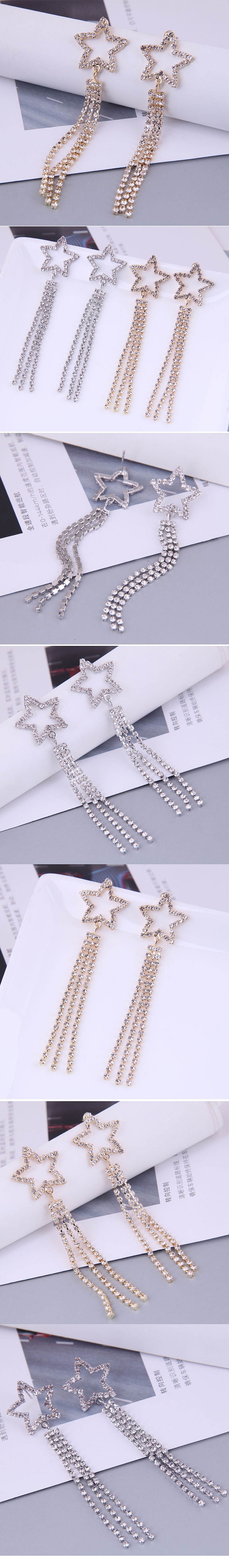 Korean Fashion Simple Five-pointed Star Flashing Diamond Tassel Earrings display picture 1
