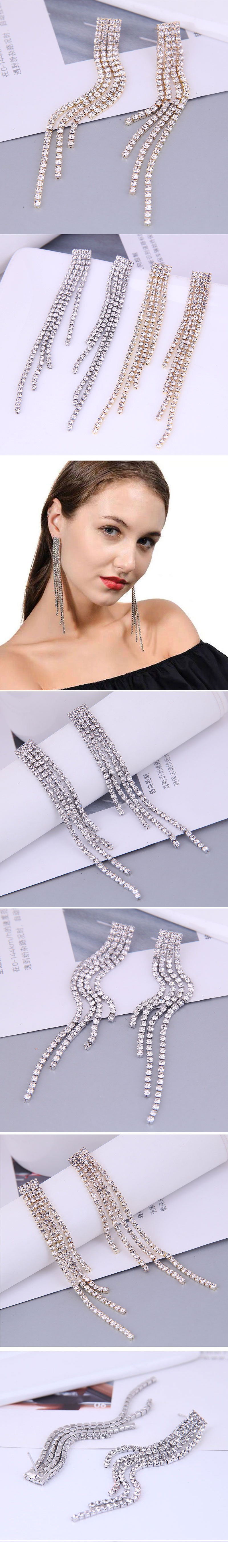 Korean Fashion Metal Flash Diamond Tassel Exaggerated Earrings display picture 1