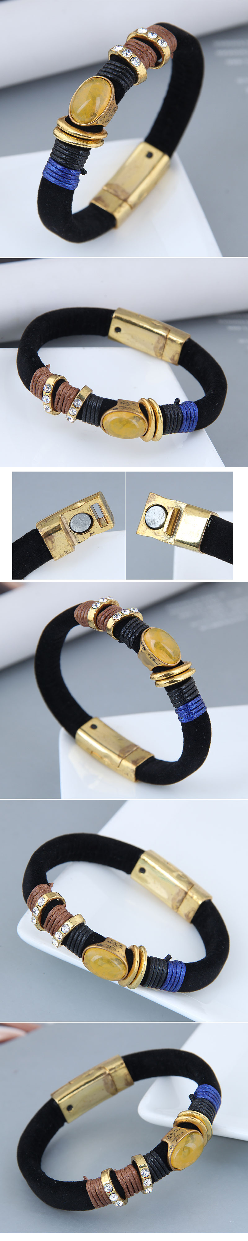European And American Trend Simple Inlaid Gemstone Leather Bracelet display picture 1