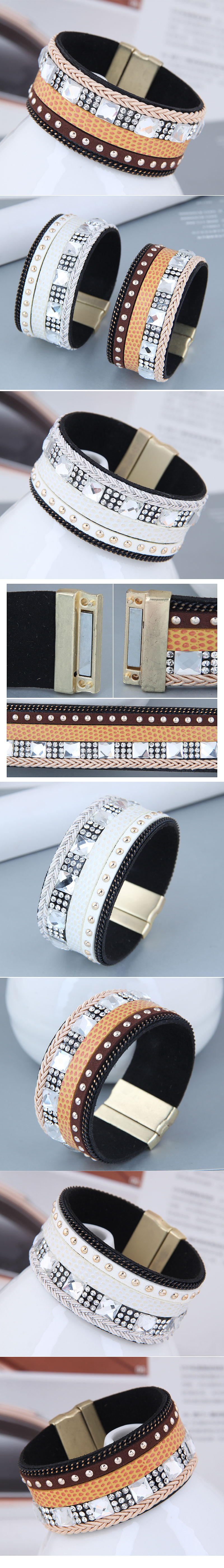 Simple Flashing Diamond Leather Fabric Wide Magnetic Buckle Bracelet display picture 1