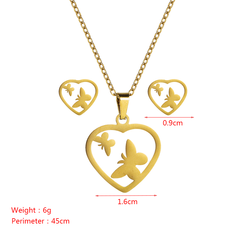 Fashion Stainless Steel Hollow Heart-shaped Butterfly Four Leaf Clover Necklace Earrings Set display picture 1