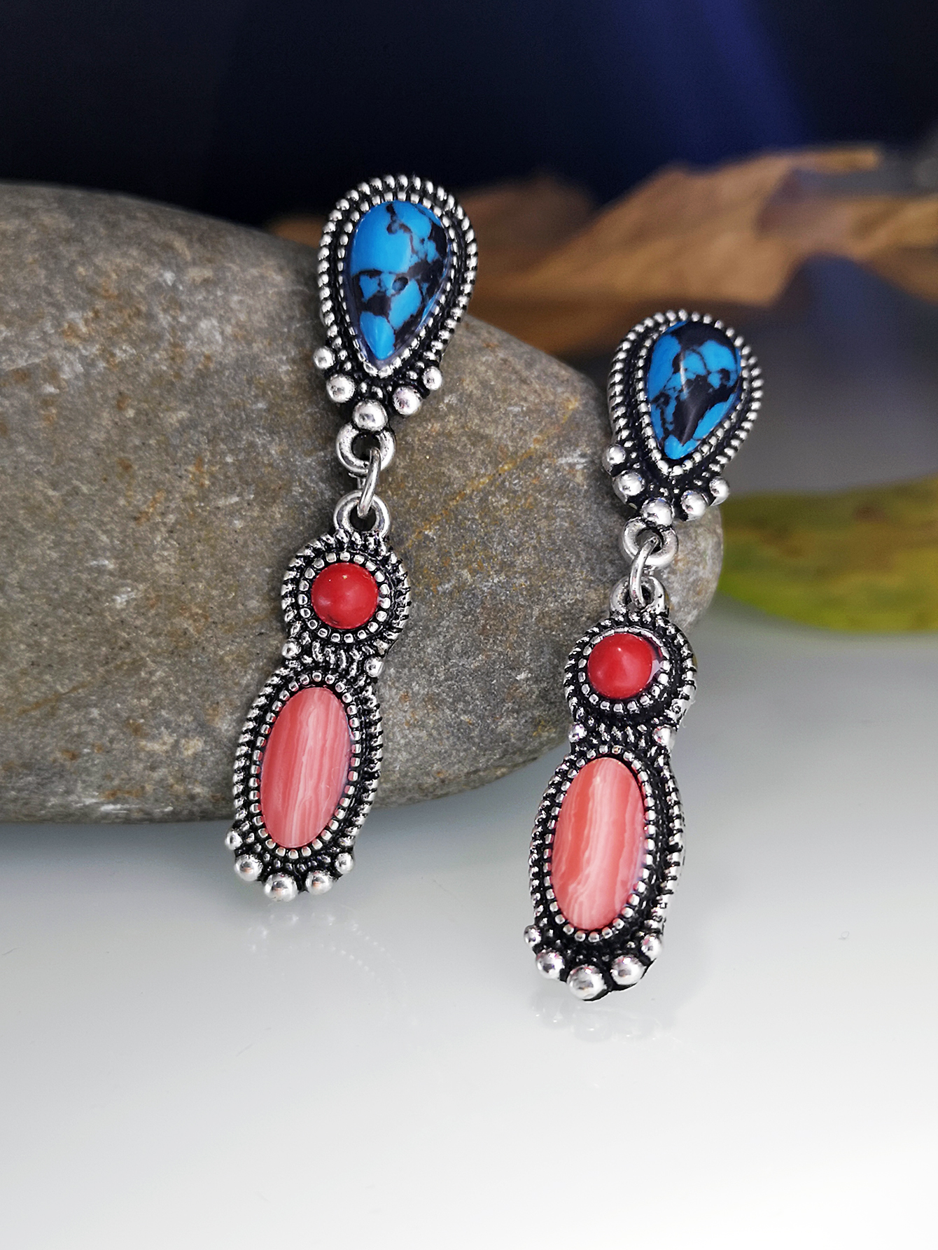 New Ethnic Retro Turquoise Red Coral Earrings display picture 3
