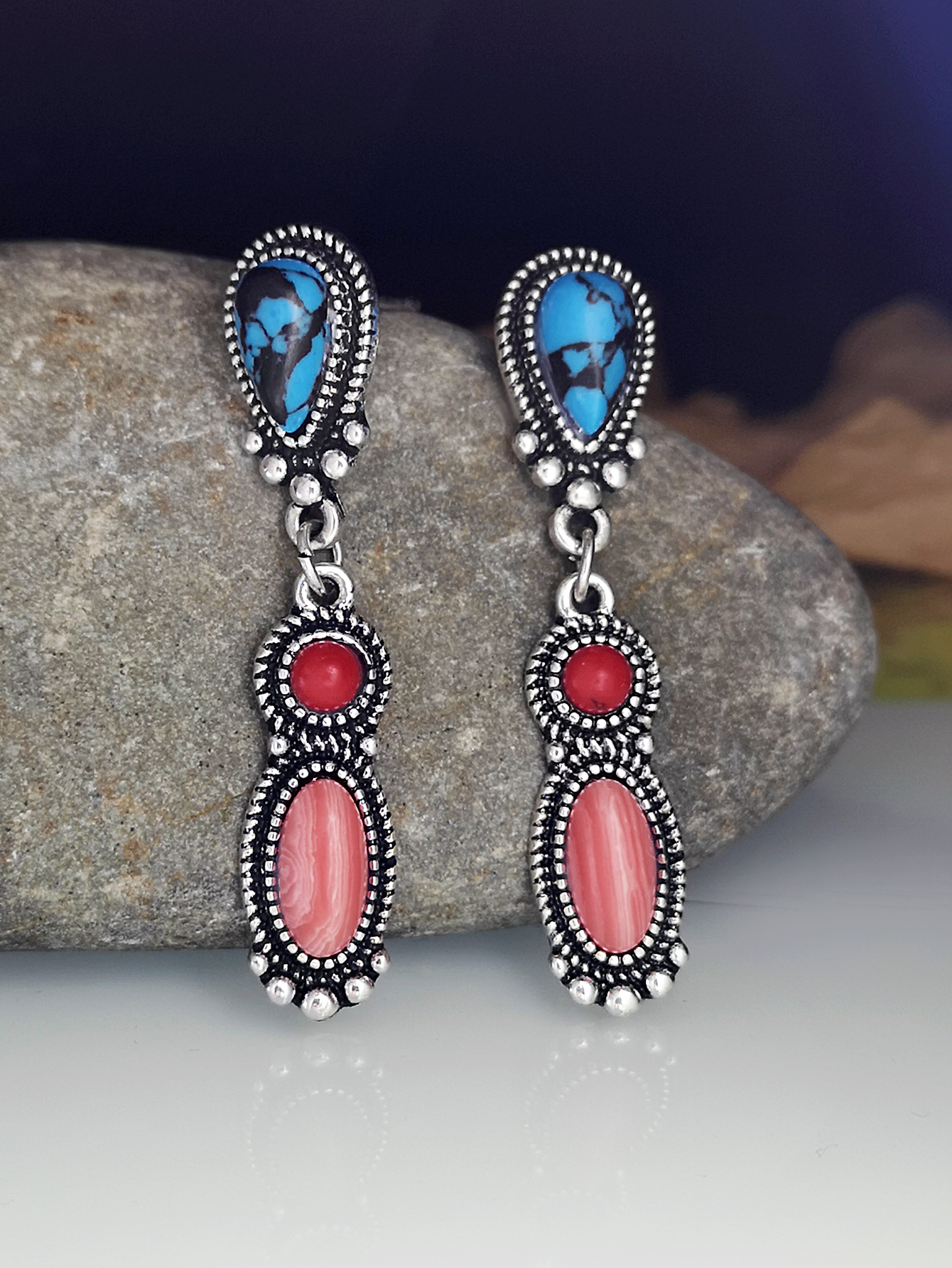 New Ethnic Retro Turquoise Red Coral Earrings display picture 6