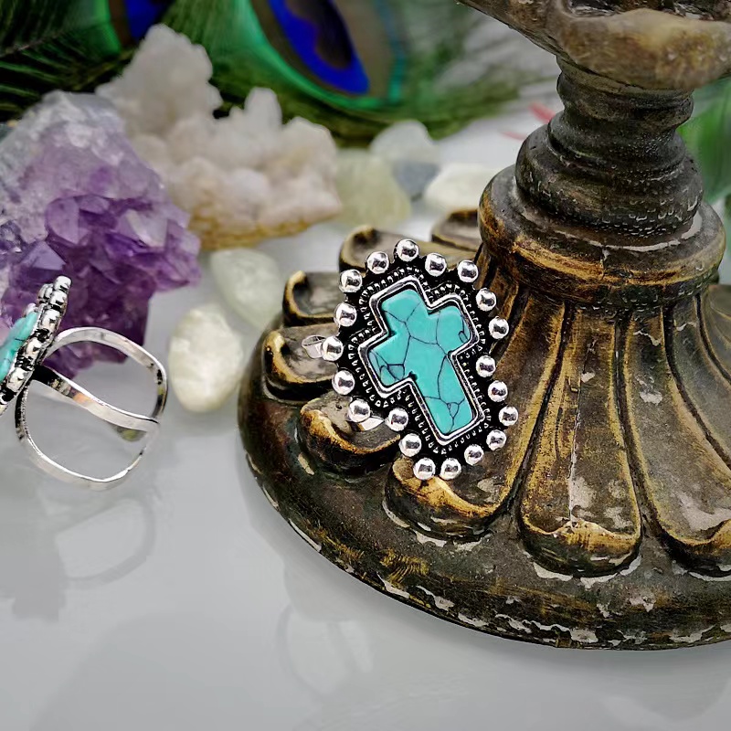 Wholesale Jewelry Ethnic Style Cross Alloy Turquoise Open Rings display picture 1