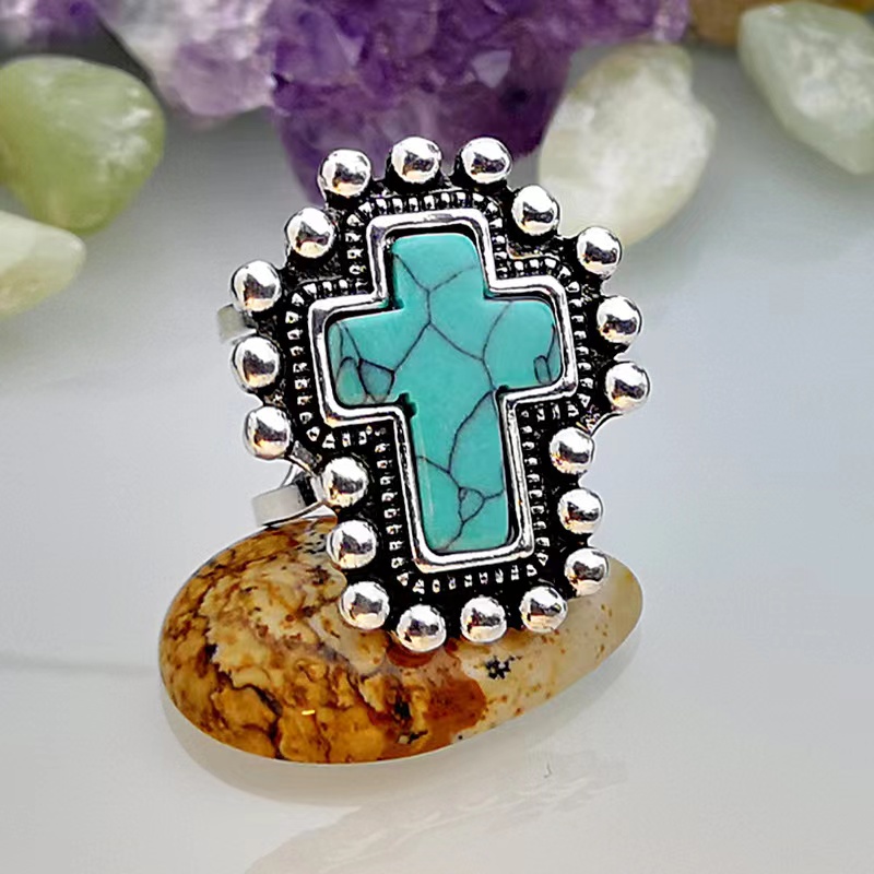 Wholesale Jewelry Ethnic Style Cross Alloy Turquoise Open Rings display picture 2