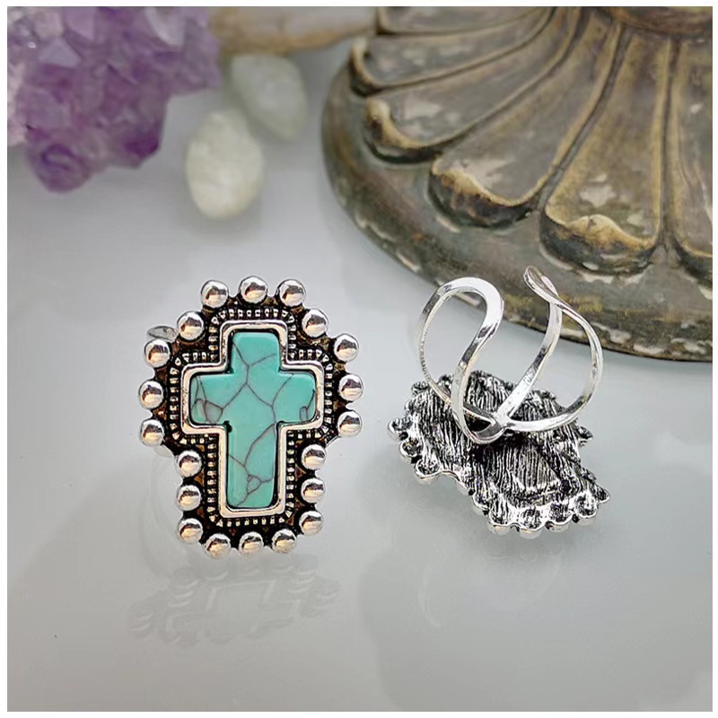Wholesale Jewelry Ethnic Style Cross Alloy Turquoise Open Rings display picture 3