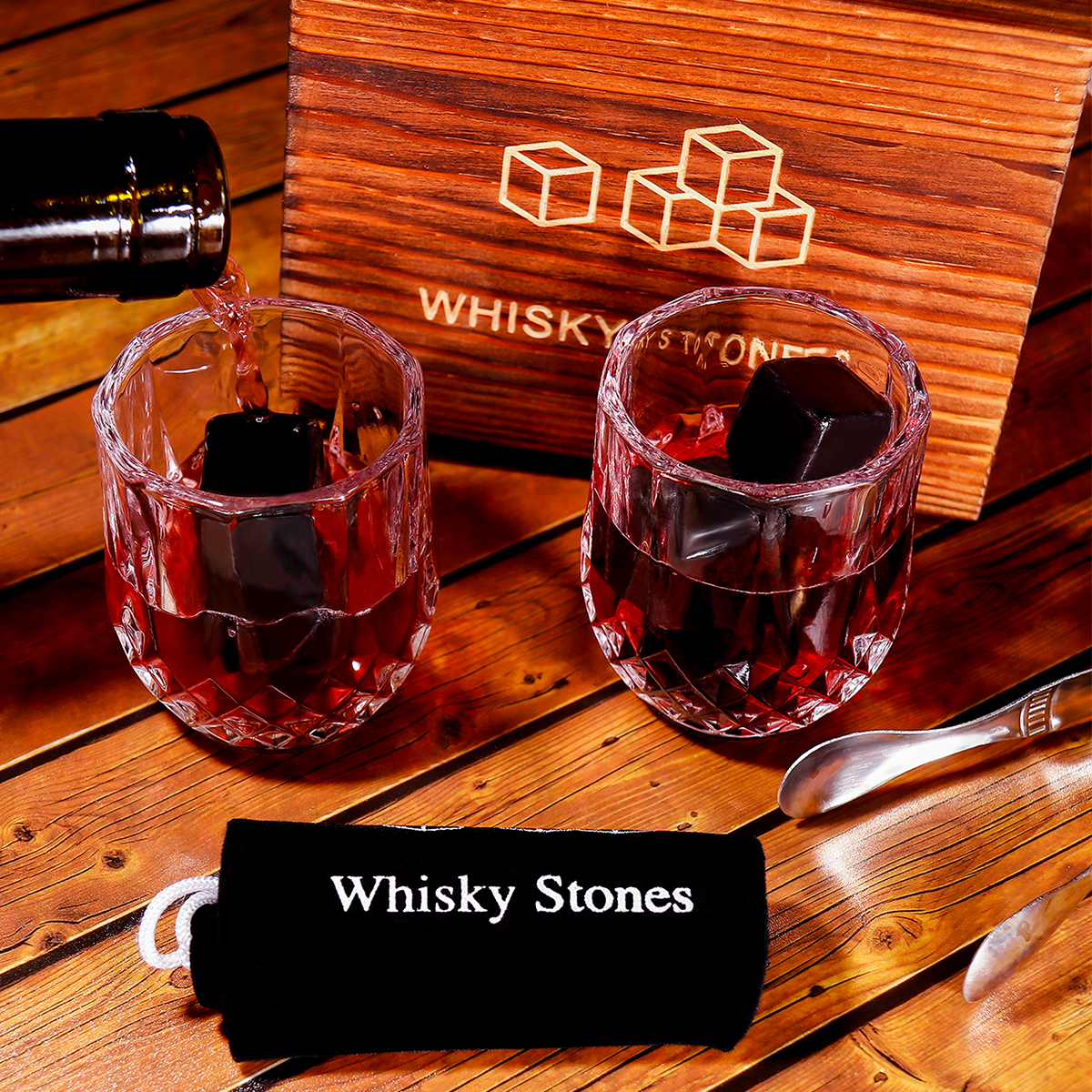 مجموعة صندوق خشبي من حجر النبيذ الأسود من ويسكي display picture 2