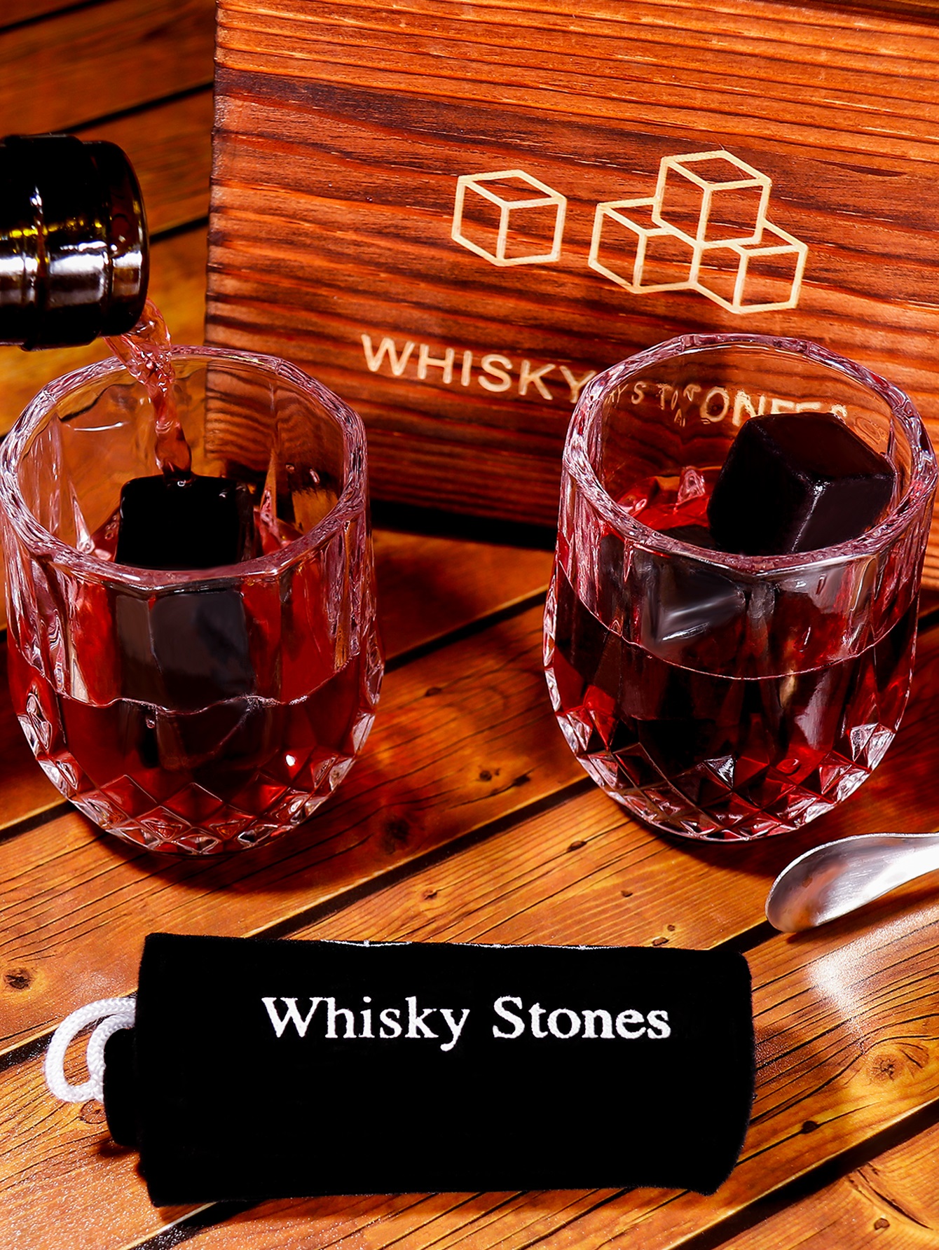 مجموعة صندوق خشبي من حجر النبيذ الأسود من ويسكي display picture 6