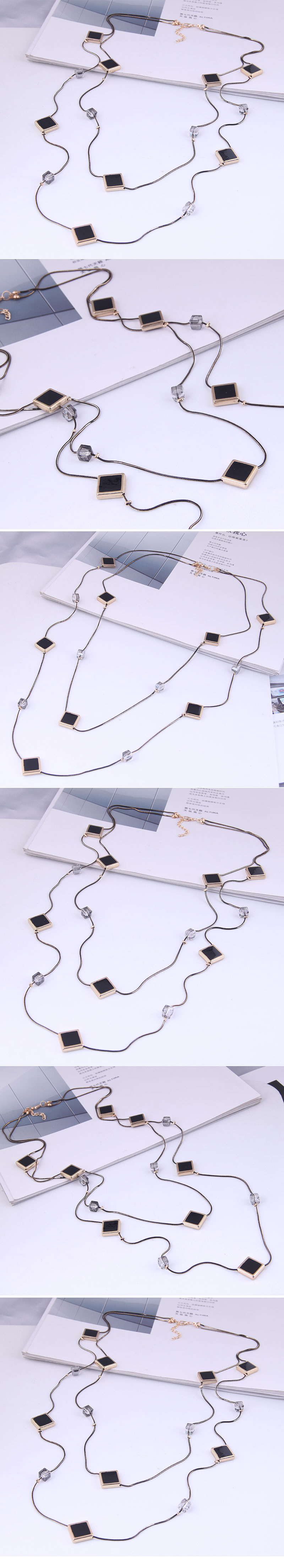 Korean Simple Square Crystal Combination Double-layer Long Necklace display picture 1