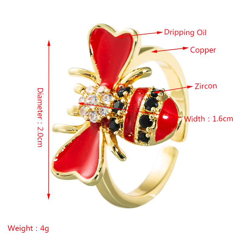 Fashion Copper Plated Gold Inlaid Zircon Bee Ring Simple Creative Color Drop Oil Open Ring display picture 1