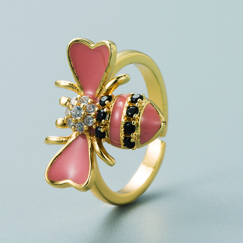 Fashion Copper Plated Gold Inlaid Zircon Bee Ring Simple Creative Color Drop Oil Open Ring display picture 10