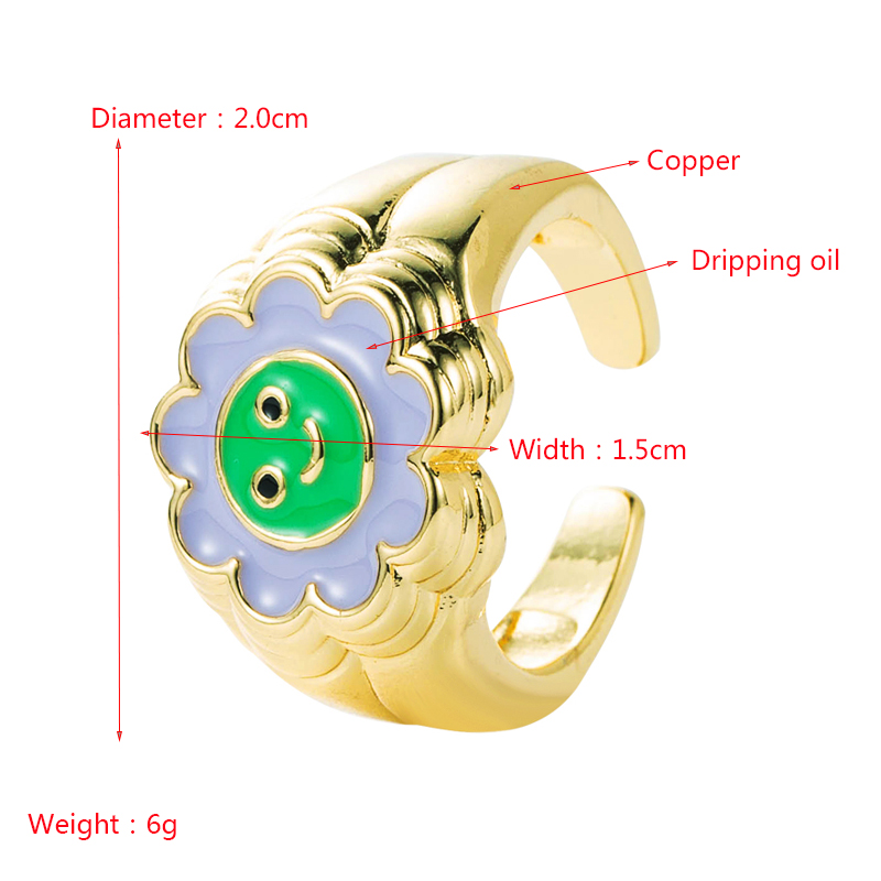 Fashion Copper Gold-plated Color Drip Oil Ring Sunflower Smiley Shape Open Ring display picture 1