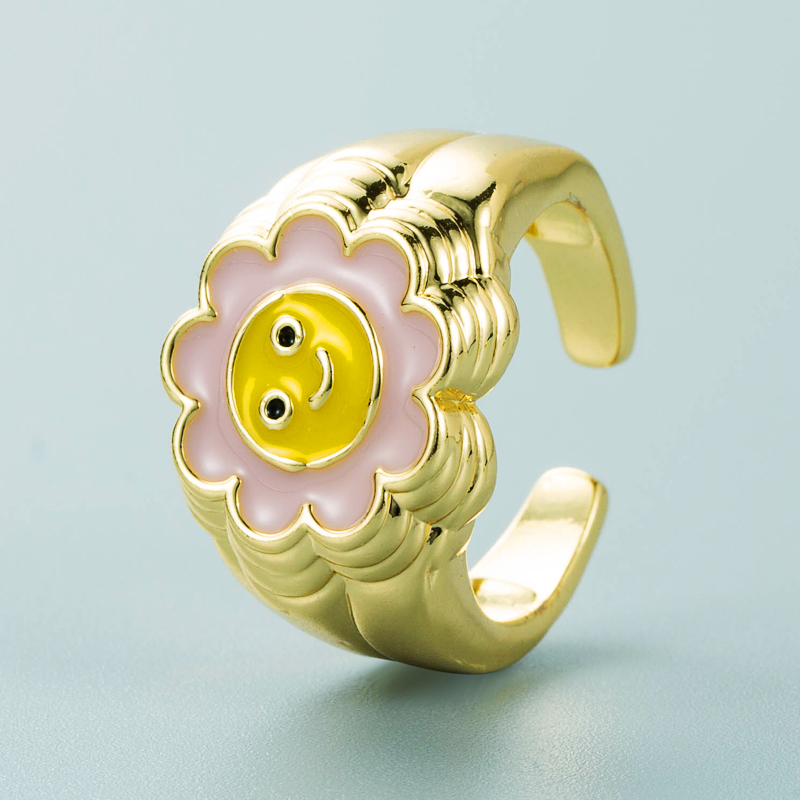 Fashion Copper Gold-plated Color Drip Oil Ring Sunflower Smiley Shape Open Ring display picture 3